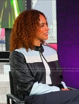 Jessica Sims's black colorblock leather jacket on Good Morning America