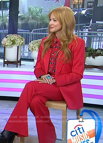Jewel's red eye print blouse and suit on Today