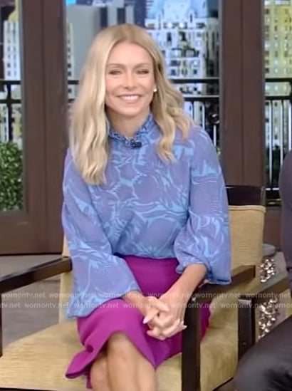 Kelly's blue floral print blouse on Live with Kelly and Mark