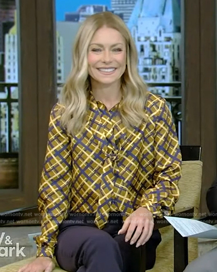 Kelly's plaid tie neck blouse on Live with Kelly and Mark