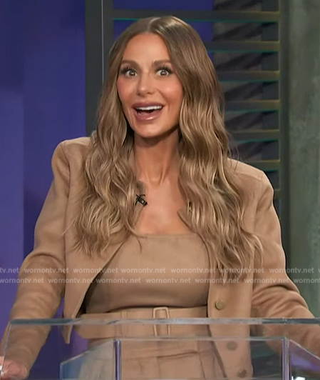 Dorit Kemsley's beige jacket and pants on Access Hollywood
