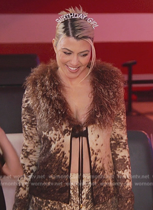 Kourtney's horse print feather trim cardigan and skirt on The Kardashians