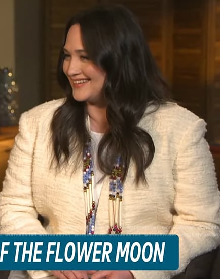 Lilly's white tweed jacket on Access Hollywood