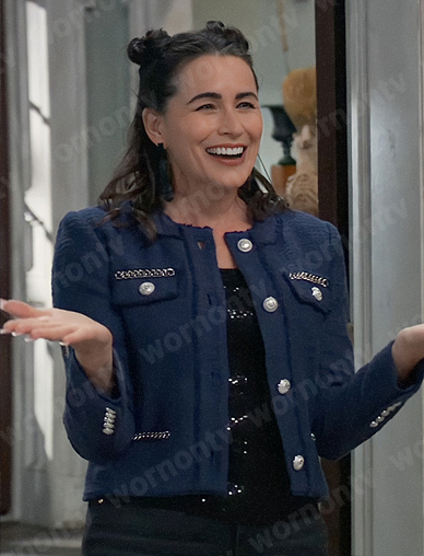 Lois's blue tweed jacket with chain detail for Thanksgiving on General Hospital