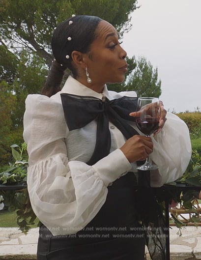 Lola's white contrast pussy bow blouse on All Rise