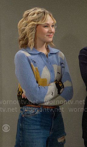 Lucy's landscape graphic cardigan on The Young and the Restless