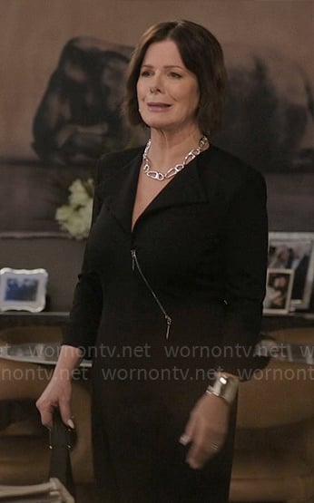 Maggie's black zip front dress on The Morning Show
