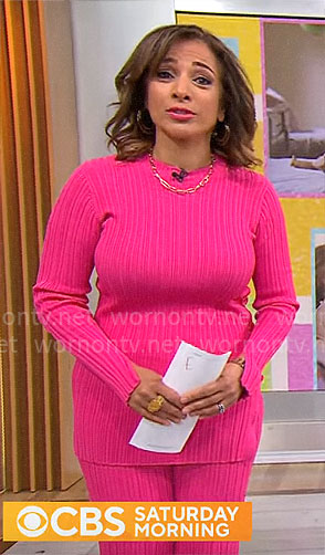 Michelle Miller's pink rib knit top and pants set on CBS Mornings