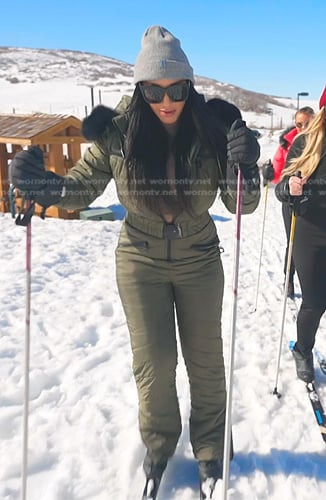 Monica's green ski suit and brown boots on The Real Housewives of Salt Lake City