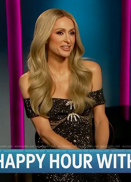 Paris Hilton's black bow embellished dress on Access Hollywood