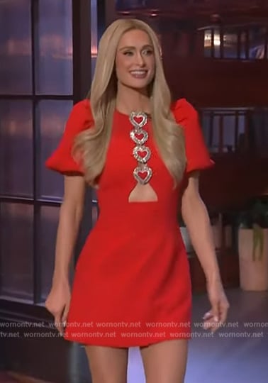 Paris Hilton's red heart embellished cutout dress on The Kelly Clarkson Show