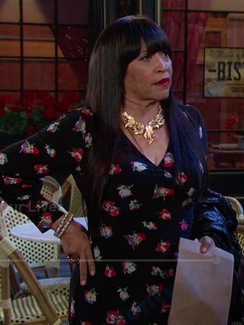 Paulina's black floral wrap dress and necklace on Days of our Lives