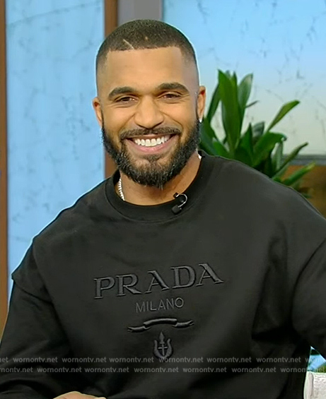 Tyler Lepley's black prada logo sweatshirt on Tamron Hall Show