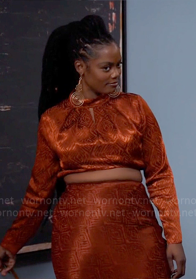Sabrina's orange satin crop blouse and skirt set on Tyler Perrys Sistas