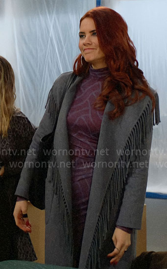 Sally's long grey fringed trim coat on The Young and the Restless