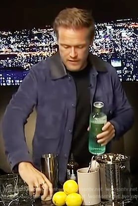 Sam Heughan's blue suede jacket on Access Hollywood