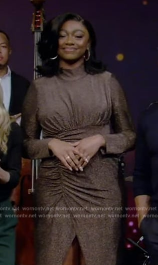 Samara Joy's metallic ruched dress on Live with Kelly and Mark