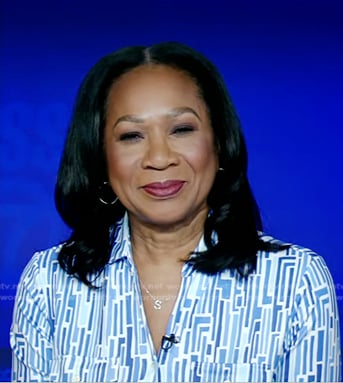 Sandra Bookman's blue and white geometric print dress on Good Morning America