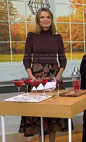 Savannah’s brown turtleneck top and black floral jacquard skirt on Today