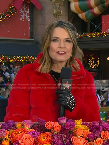 Savannah's red fur puffer jacket at Macy’s Thanks Giving Parade