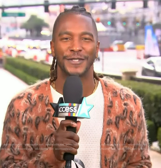 Scott's orange paisley print cardigan on Access Hollywood
