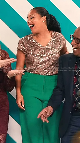 Sheinelle's sequin top and green pants on Today Family Holiday Card