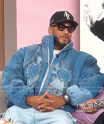 Swizz Beatz's embroidered denim bomber jacket on Sherri