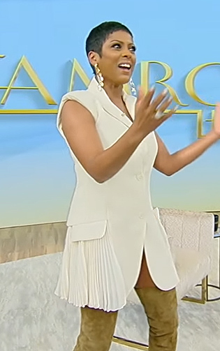 Tamron's white pleated blazer mini dress on Tamron Hall Show