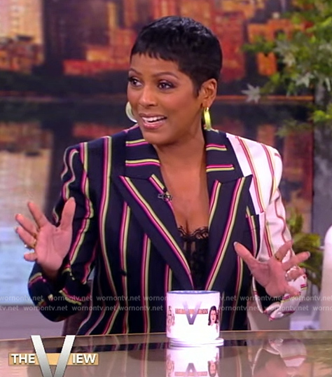 Tamron's colorblock stripe blazer and pants on Tamron Hall Show