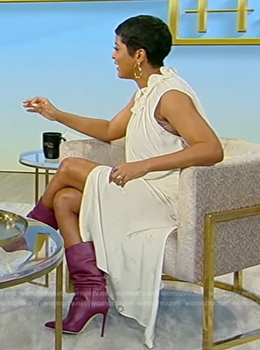 Tamron's purple leather boots on Tamron Hall Show