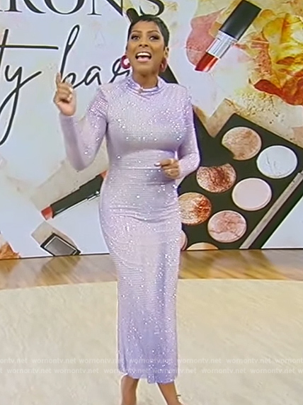 Tamron's lavender rhinestone embellished long sleeve dress on Tamron Hall Show