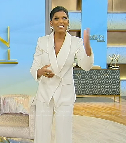 Tamron's white metallic trim blazer on Tamron Hall Show