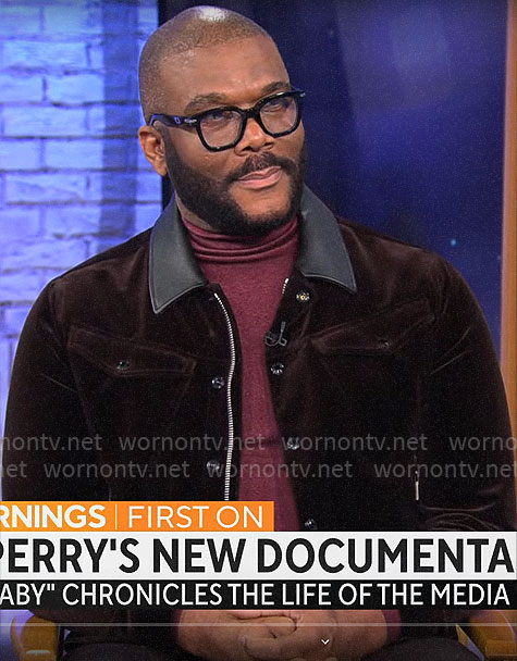 Tyler Perry's jacket with leather collar on CBS Mornings