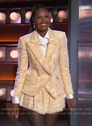 Ubah Hassan's yellow tweed jacket and skirt on The Kelly Clarkson Show