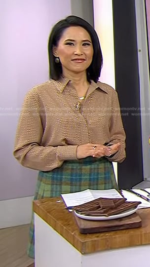 Vicky's beige embellished blouse and plaid skirt on Today