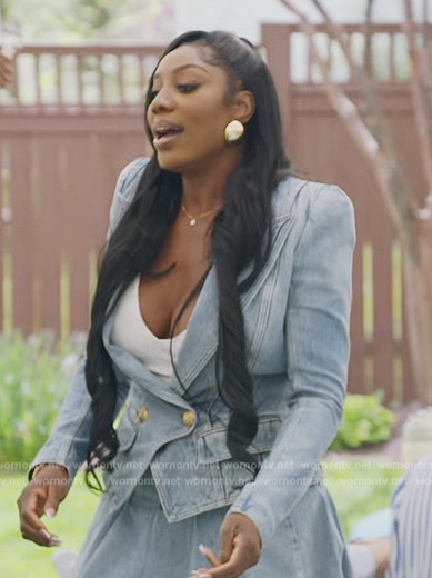 Wendy's denim double breasted blazer on The Real Housewives of Potomac