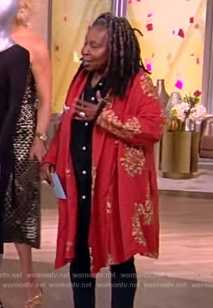 Whoopi's red floral embroidered coat on The View