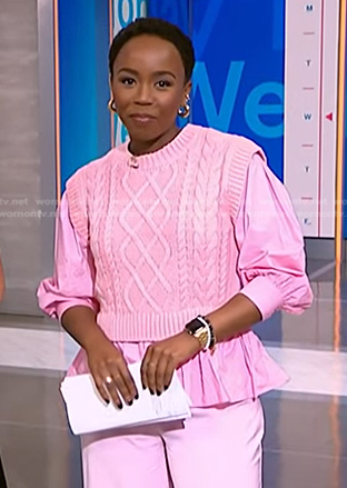 Zinhle's pink mixed media cable knit top on NBC News Daily