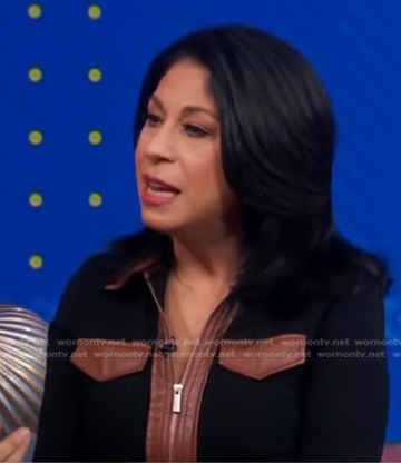Alexis Christoforous's black leather trimmed dress on Good Morning America