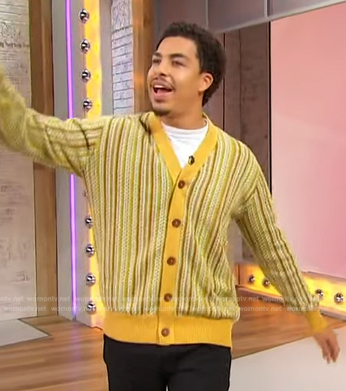 Marcus Scribner's yellow stripe cardigan on Sherri