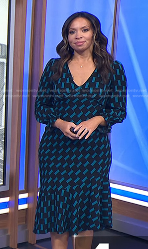 Adelle's black and blue geometric print dress on Today