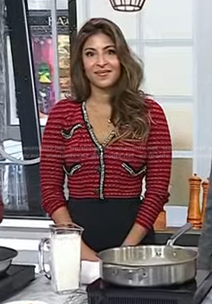 Aliya LeeKong's red embellished cardigan on Today
