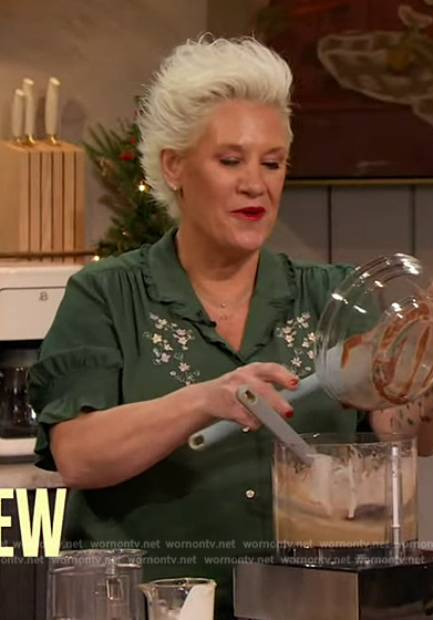 Anne Burrell's green embroidered shirt on The Drew Barrymore Show