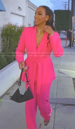 Annemarie's pink tie waist blazer and pants on The Real Housewives of Beverly Hills