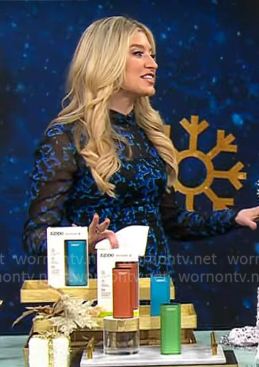 Ashley Bellman's black and blue chain print dress on CBS Mornings