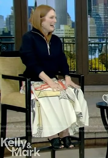 Julianne Moore's white printed skirt on Live with Kelly and Mark