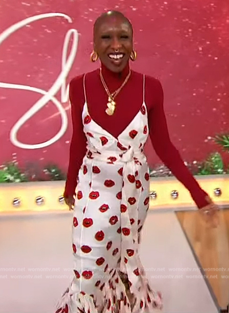 Cynthia Erivo's white lip print dress on Sherri