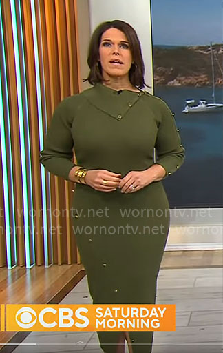 Dana Jacobson's olive green folded neckline dress with studs on CBS Mornings
