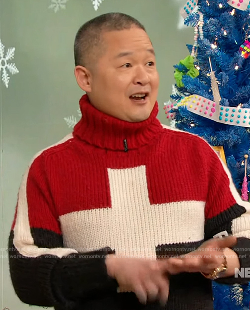 Danny Seo's colorblock cross sweater on The Drew Barrymore Show