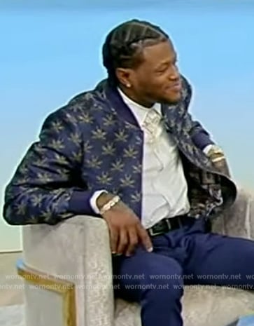D.C. Young Fly's blue bee embroidered bomber jacket on Tamron Hall Show